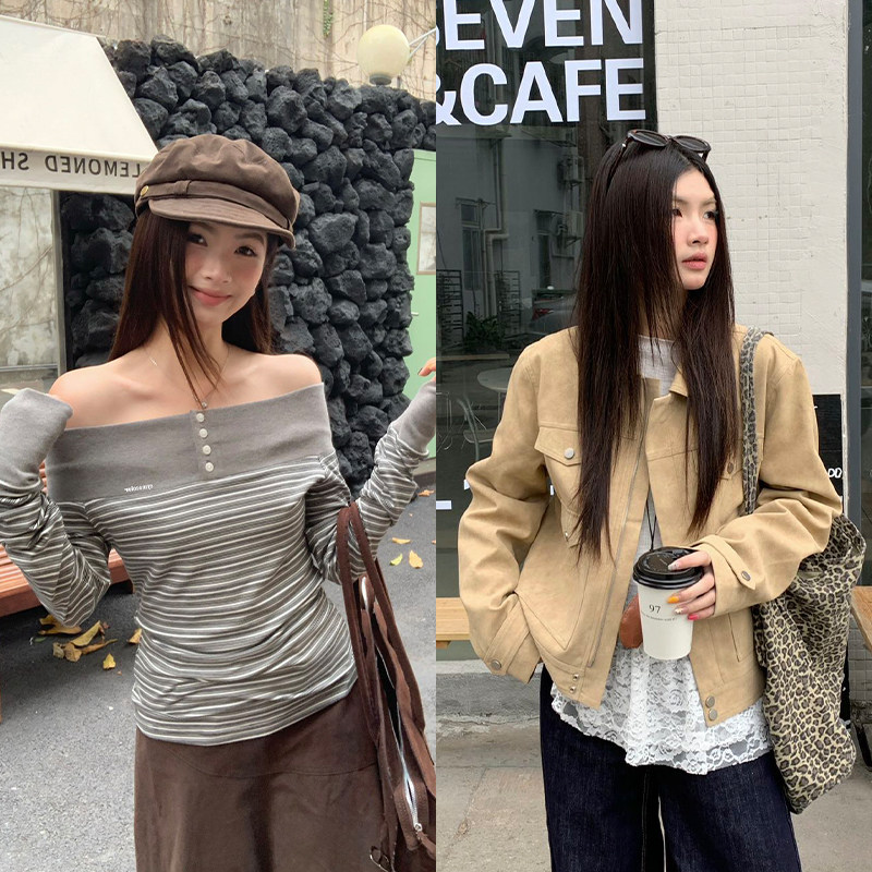 【所有女生直播间】SYMOCOLOR仿麂皮夹克外套/一字肩长袖上衣图片