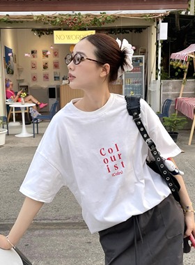 SYMOCOLOR基础logo印花纯棉圆领短袖t恤2025春夏新款青少年打底衫