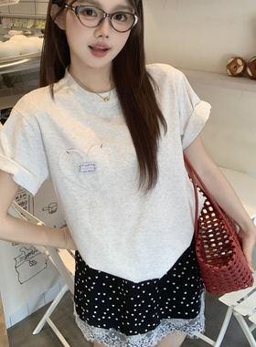 SYMOCOLOR2025夏季字母爱心正肩灰白色短袖T恤女简约休闲圆领上衣