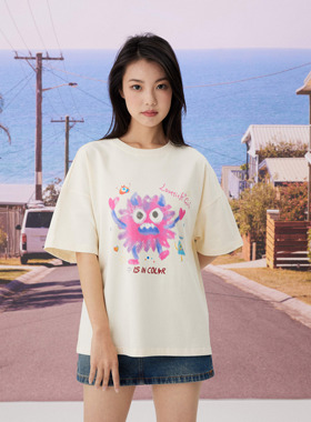 SYMOCOLOR小怪兽数码印花圆领短袖t恤重磅纯棉男女同款宽松上衣夏