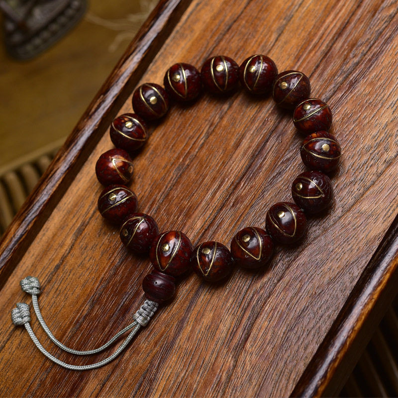 天然玉化老料凤眼菩提手串单圈素珠老铜镶嵌藏式文玩佛珠素串手链