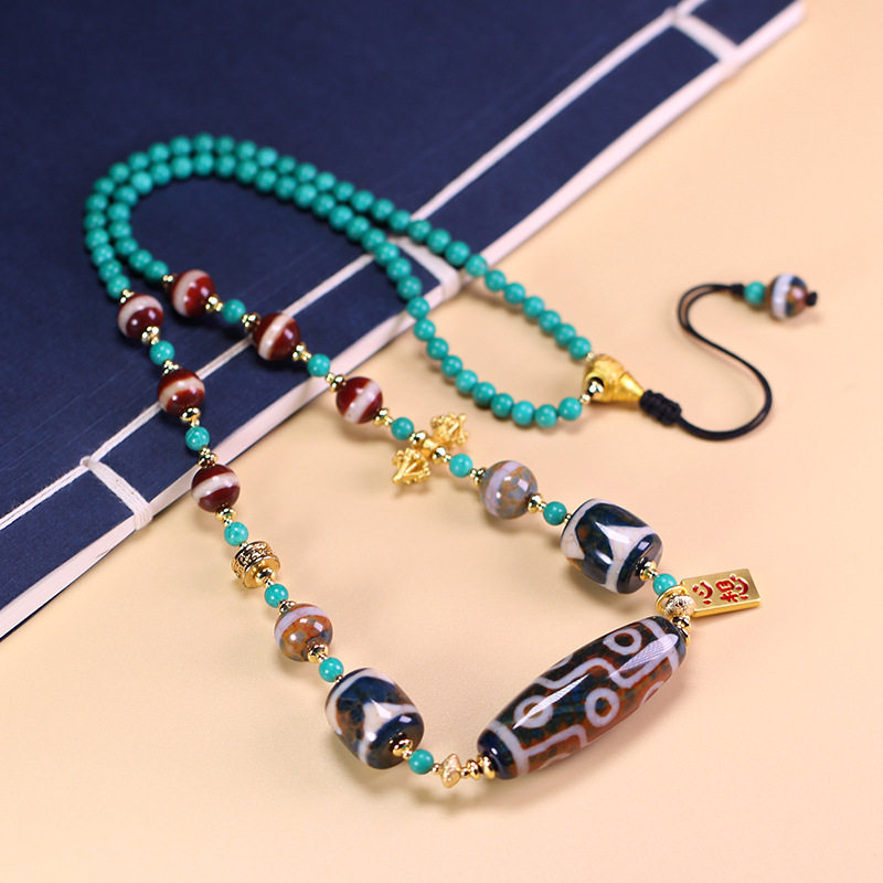 5A西藏天然原石老玛瑙九眼虎牙药师天珠松石锁骨项链14*40mm左右