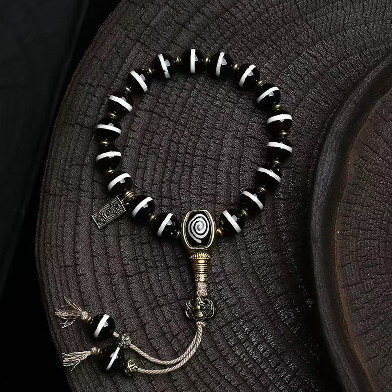 天然老西亚镶蚀线珠文玩手串单圈玛瑙三通白水晶松石配饰佛珠手链