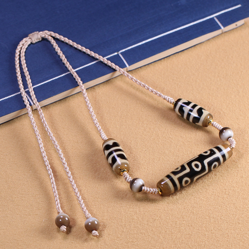 圣饰奇缘 天然真品西藏庙供院供老矿玛瑙牙黄九眼天珠58x14mm项链