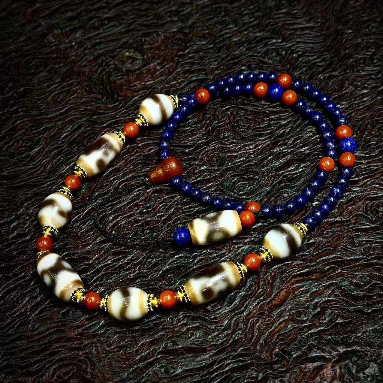 5A级西藏天然老矿原石青金石玛瑙宝瓶虎牙线珠三眼天珠项链藏式风