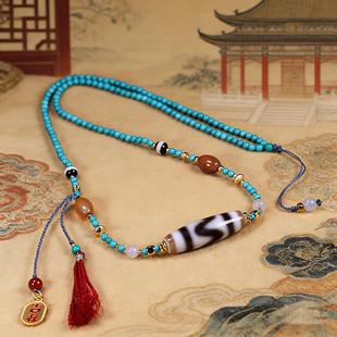 圣饰奇缘 糯肉虎牙天珠手工编织菱镁矿绿松石高级民族风项链