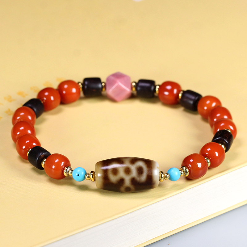 圣饰奇缘 西藏天然玛瑙青稞供闪电五眼天珠南红手串19*11mm左右