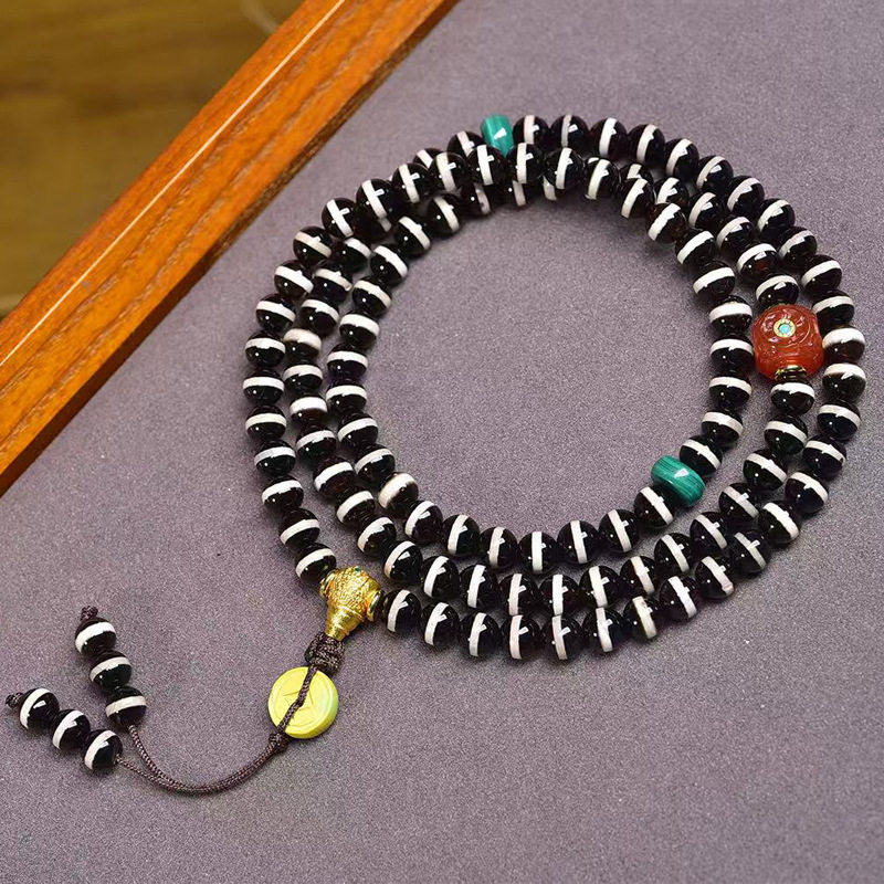 天然老西亚镶蚀线珠108颗佛珠念珠脖挂藏式文玩多圈手串玛瑙饰品