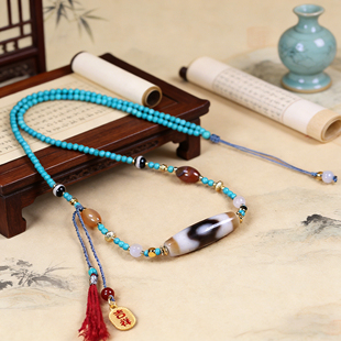 圣饰奇缘 糯肉坛城三眼天珠手工编织菱镁矿绿松石高级民族风项链