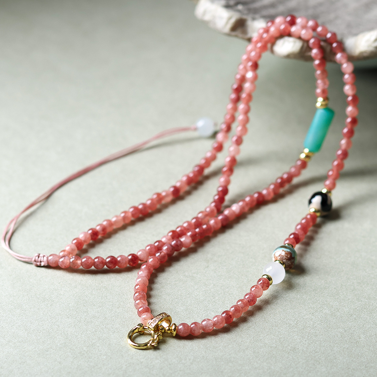 原创设计金太阳石手工编织万能项链绳春夏和田玉翡翠药师天珠挂绳