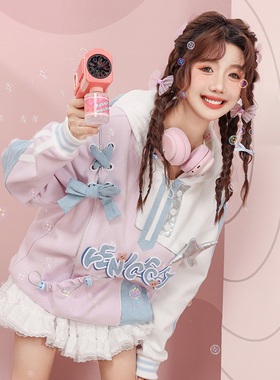 春少女不对称抽绳袋鼠兜牛仔蝴蝶结熊耳朵连帽中长款紫色套头卫衣