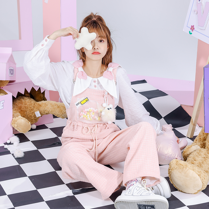 宽松腰甜美冬装背带裤