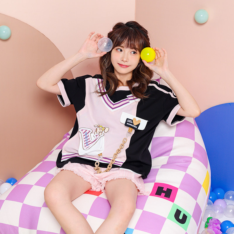 夏装运动少女字母绣花兔子假两件背心解构拼接慵懒宽松短袖T恤黑