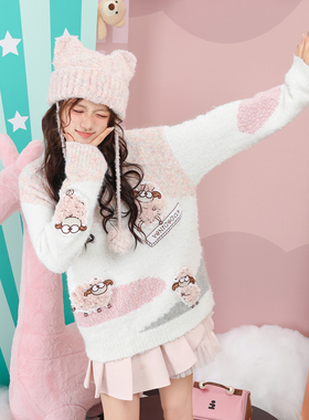 26冬装少女重工小羊绣花字母宽松粉白拼色花色线套头长袖羊毛毛衣