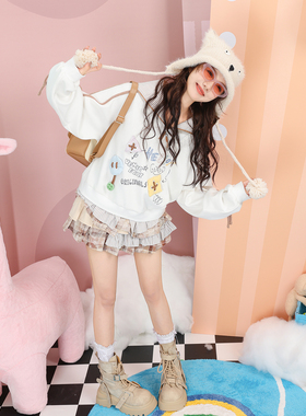 26春格子条纹抽褶衬衫下摆假两件涂鸦字母印花纽扣蝴蝶结长袖卫衣