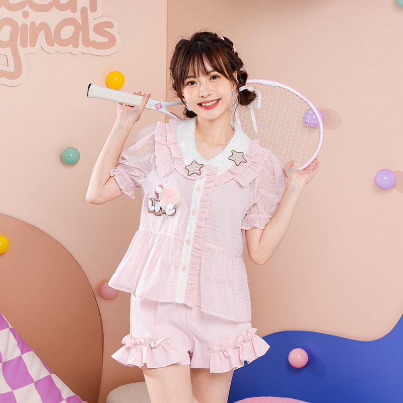 夏星星小怪兽不对称门襟荷叶边裙摆透视格子粉色雪纺衫开衫两件套