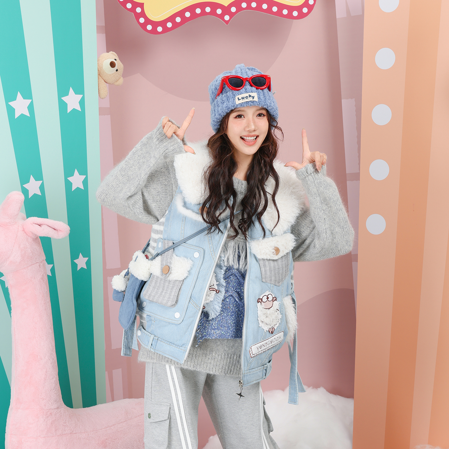 大毛毛翻领牛仔无袖羽绒马甲