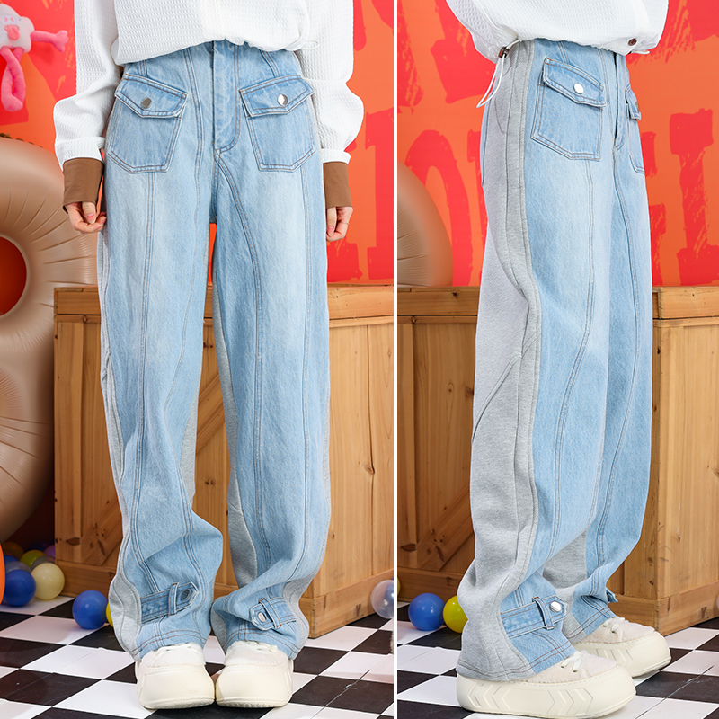 松紧腰百搭直筒裤牛仔拼接休闲裤