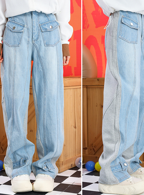 26春秋原创百搭二分之一不对称波浪牛仔拼接加绒卫裤休闲裤直筒裤