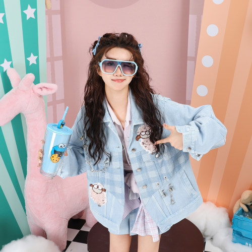 甜酷少女错位拼接宽松牛仔外套