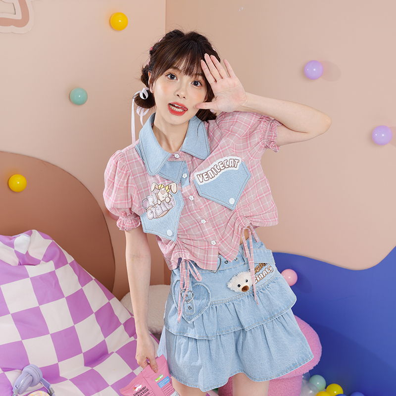 甜美单排扣短袖格子衬衫