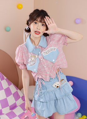 夏牛仔解构拼接双层领绣花字母抽绳系带蝴蝶结短款泡泡袖格子衬衫
