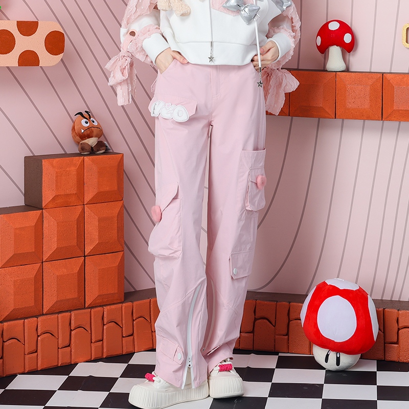 松紧腰少女粉色长裤工装裤