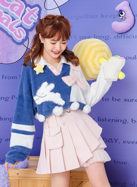 春秋双层领兔子绣花蝴蝶结毛球蓝白短款露脐学院风针织衫套头毛衣