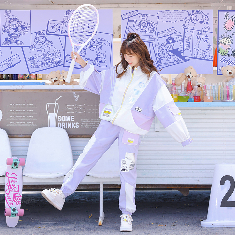 少女抽绳爱心印花假两件运动防晒