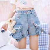 热裤 短裤 脚绑带多口袋毛边水洗工装 夏甜酷少女小熊重工绣花牛仔裤