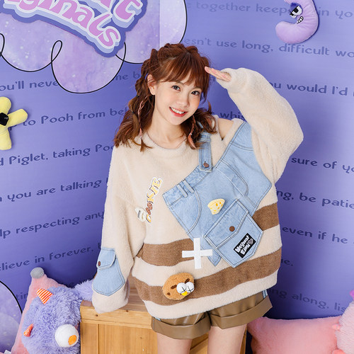 圆领宽松牛仔解构拼接美拉德毛衣