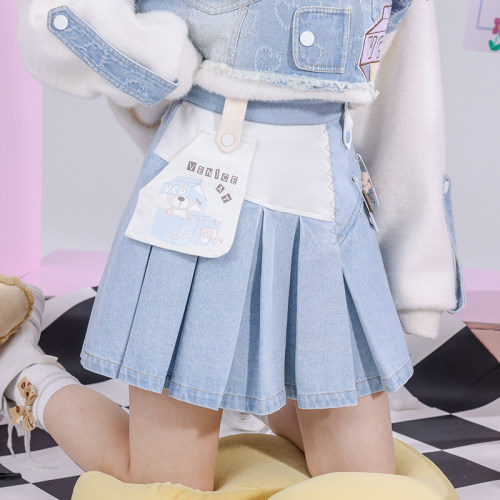 短裙A型甜美少女牛仔拼接百褶裙