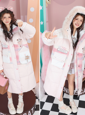 冬不对称口袋粉毛呢格子拼色真狐狸毛领连帽90白鸭绒中长款羽绒服