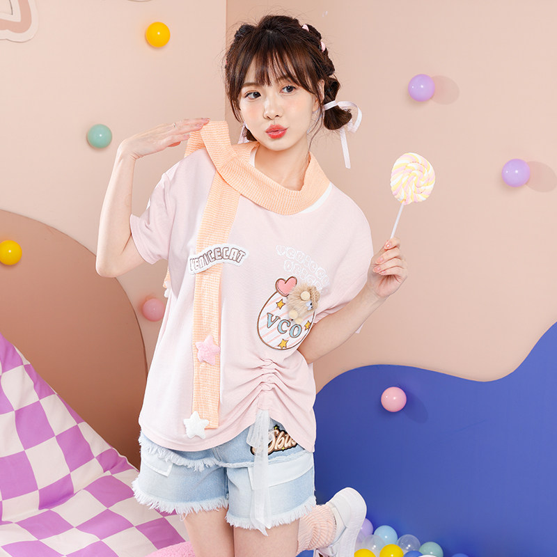 夏卡通印花系带蝴蝶结小怪兽星星围巾慵懒宽松短袖多巴胺粉色T恤