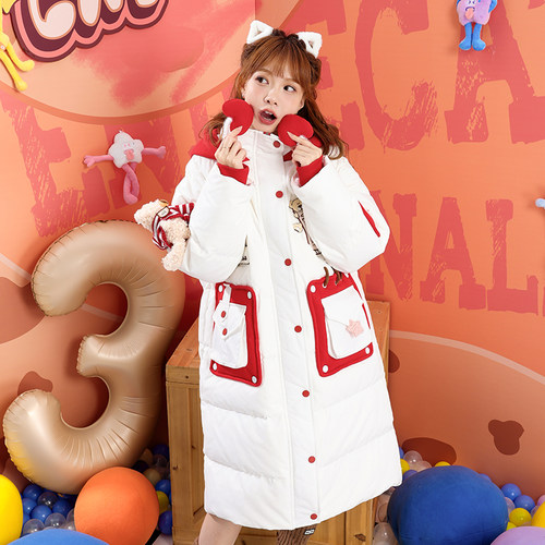 中长款连帽红白撞色白鸭绒羽绒服