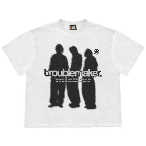 troublemaker 美式设计感涂鸦字母人物宽松高街潮牌短袖t恤男女