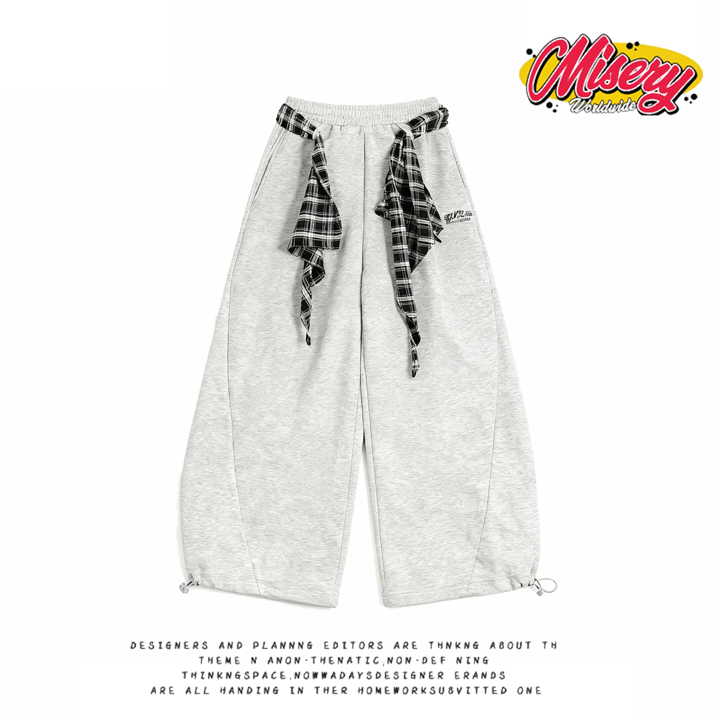 y2k hoodie~美式复古格子绑带弯刀卫裤女宽松百搭阔腿裤灰色长裤