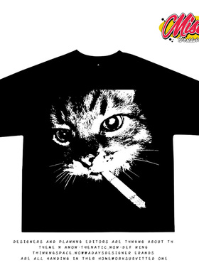 造物GOODGOD 美潮街头简约不撞衫抽烟猫咪印花短袖T恤情侣款男女