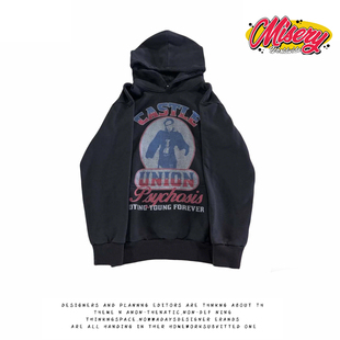 y2k 嘻哈风印花连帽卫衣男女情侣宽松街头百搭黑色上衣 hoodie美式