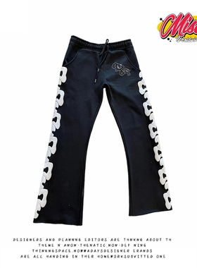 y2k hoodie~街头休闲风黑色印花卫裤女宽松直筒长裤抽绳运动裤