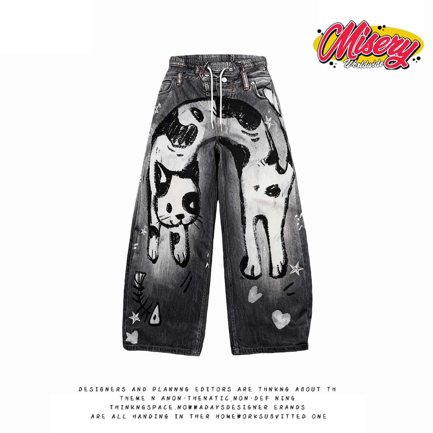 y2k hoodie~美式高街风猫咪印花阔腿牛仔裤潮宽松设计感弯刀长裤