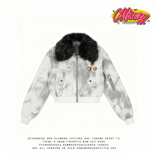 y2k hoodie~美式复古大毛领短款棉服女冬季宽松加厚保暖夹克外套