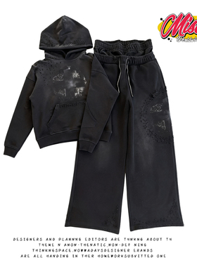 y2k hoodie~新款黑色连帽卫衣套装女时尚破洞做旧美式小众两件套