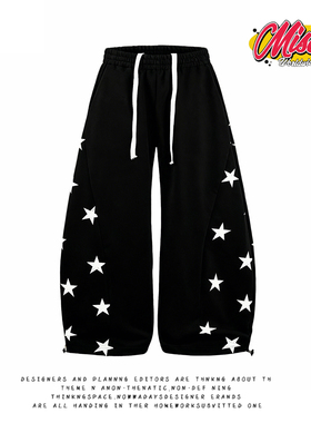 y2k hoodie~美式复古风黑色星星印花卫裤女宽松抽绳运动长裤潮牌