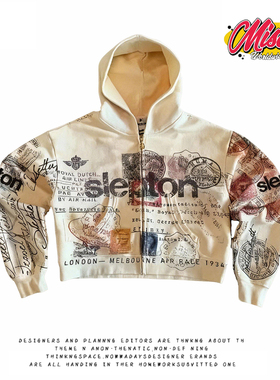 y2k hoodie~美式街头风复古印花连帽卫衣女拉链开衫外套痞帅网红