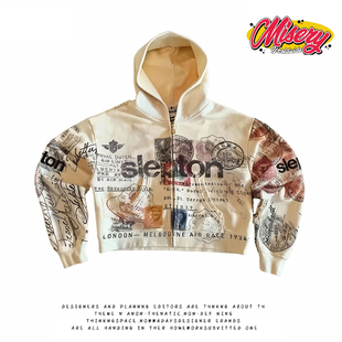 街头风复古印花连帽卫衣女拉链开衫 美式 外套痞帅网红 hoodie y2k