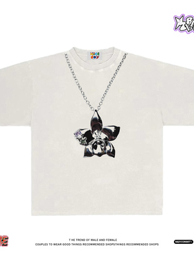 28blocks 260克重磅纯棉! 金属花朵项链印花~美式阿美咔叽短袖T恤