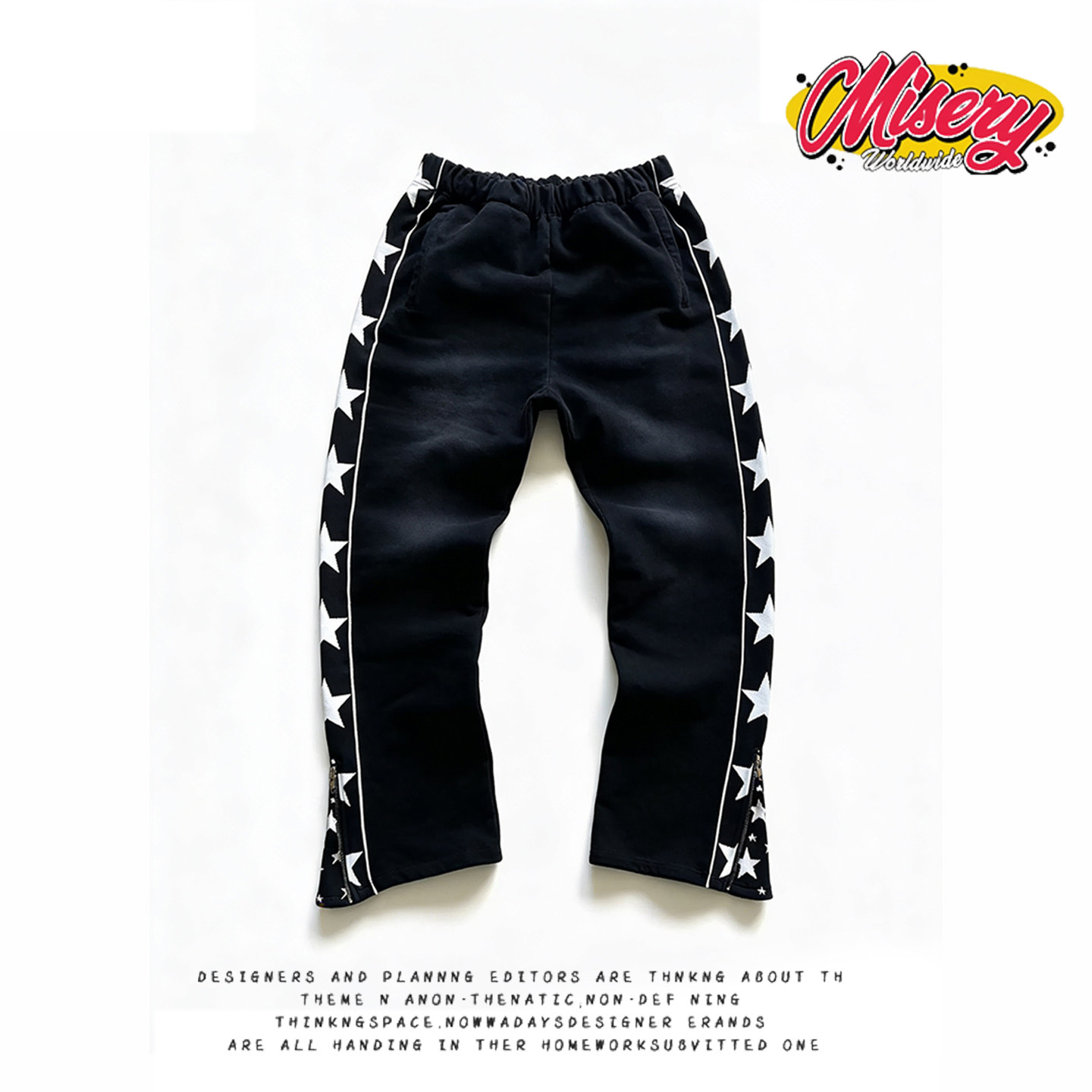 y2k hoodie~街头休闲风星星印花卫裤女宽松直筒长裤黑色条纹裤子