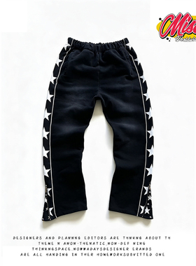 y2k hoodie~街头休闲风星星印花卫裤女宽松直筒长裤黑色条纹裤子