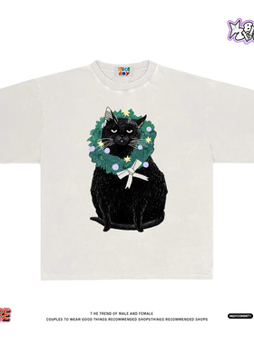 28blocks 260克重磅纯棉! 圣诞黑猫~美式复古阿美咔叽短袖T恤男女